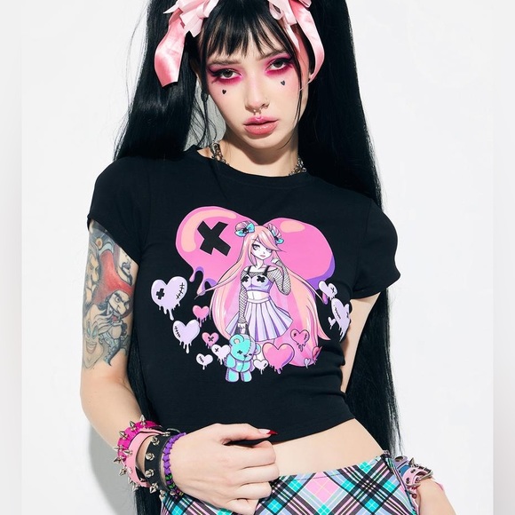 Dolls Kill Current Mood Digital World Anime Graphic Baby Tee Pastel Goth Anime - Picture 2 of 8